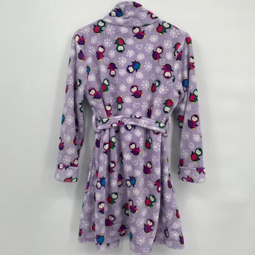 Faded Glory Girls L 10-12 Purple Penguin Holiday Robe Fleece Tie Belt Size L